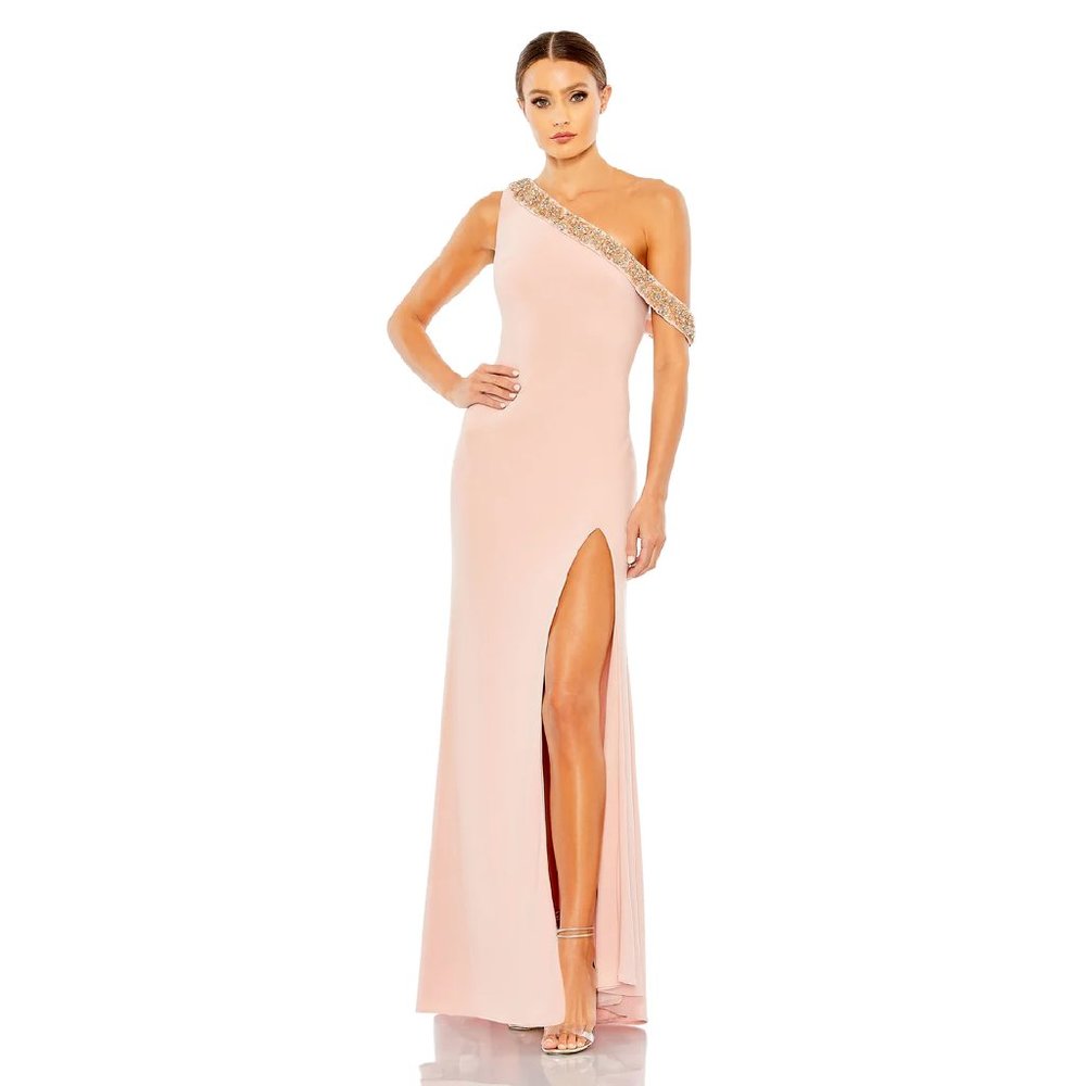 Mac Duggal Beaded Drop Shoulder Jersey Gown in Rose Size 6